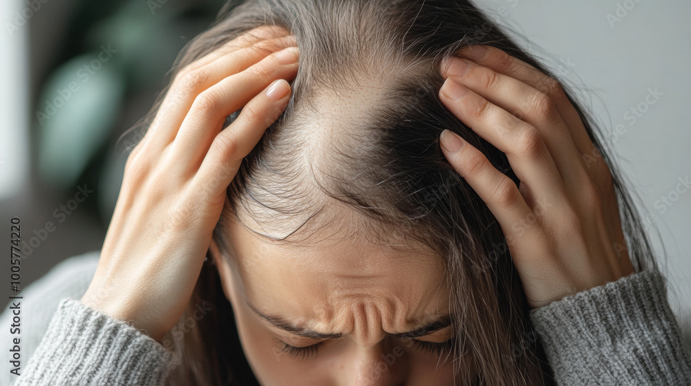 Fototapeta premium A person looks distressed, holding their head in their hands. They are clearly upset about losing their hair. Their hair is thinning, with patches of baldness visible.