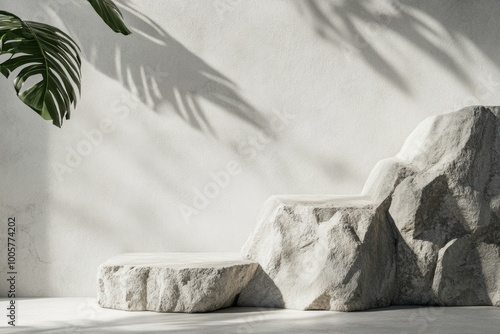 Luxury Natural Rough Rock stone Podium with plant shadow on Gray wall for luxury product displays