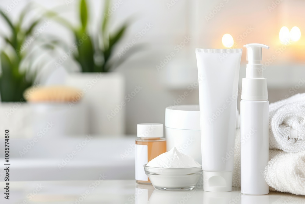 A collection of white skincare bottles and jars on a bathroom countertop, emphasizing beauty and personal care products. A collection of white skincare bottles and jars on a bathroom countertop, emphasizing beauty and personal care products.