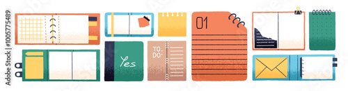 Set of different colored notebooks. Various open paper notepads top view. Planners, organizer, personal diaries with empty, blank pages for notes. Flat isolated vector illustration on white background