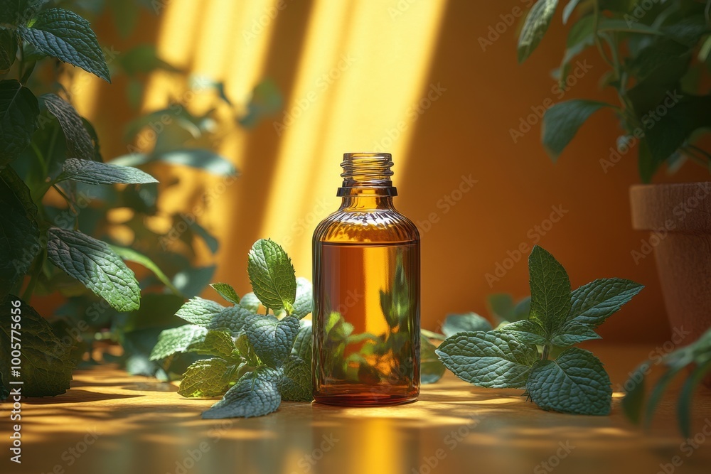 Bottle of essential oil glass and melissa and peppermint leaves Bottle of essential oil glass and melissa and peppermint leaves