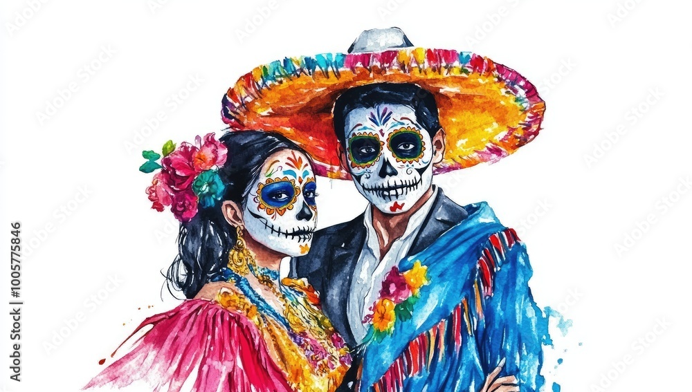 Traditional Mexican Day of the Dead Celebration Depicted in Vibrant Watercolors Traditional Mexican Day of the Dead Celebration Depicted in Vibrant Watercolors