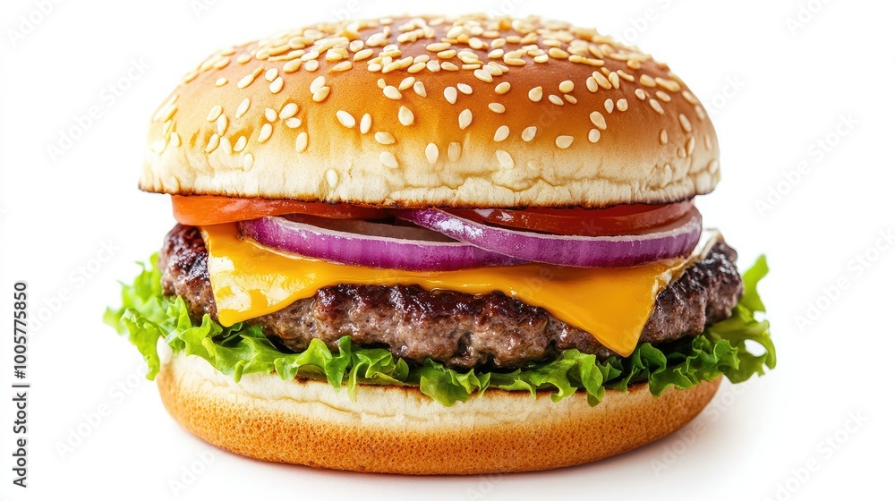 Close-up of a classic cheeseburger with a perfectly grilled patty, fresh toppings, and sesame seed bun, isolated on a bright white background for clarity. Close-up of a classic cheeseburger with a perfectly grilled patty, fresh toppings, and sesame seed bun, isolated on a bright white background for clarity.