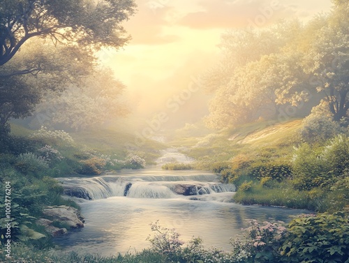 Serene and dreamlike pastel colored vista featuring a lush natural scenery with flowing streams and swaying trees