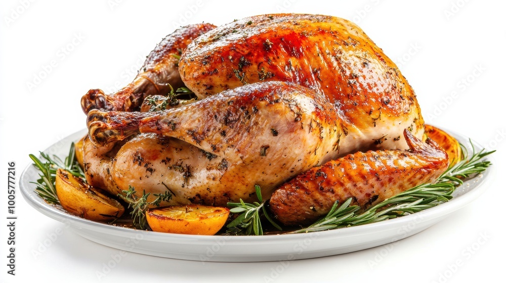 Roasted turkey on a dish, isolated on a white background Roasted turkey on a dish, isolated on a white background