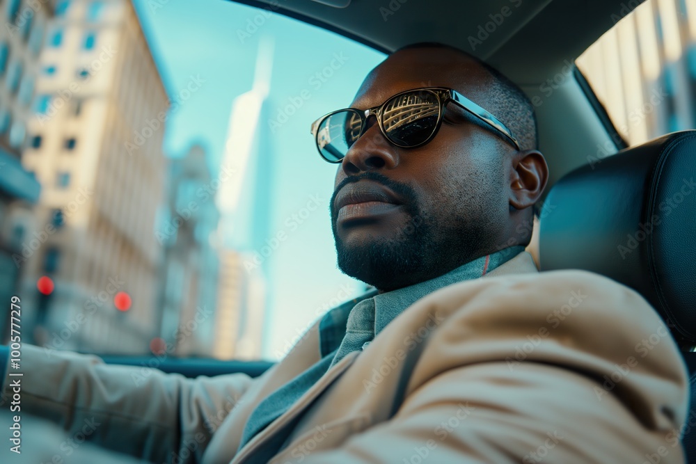 Real estate agent driving through a vibrant city while on a busy afternoon