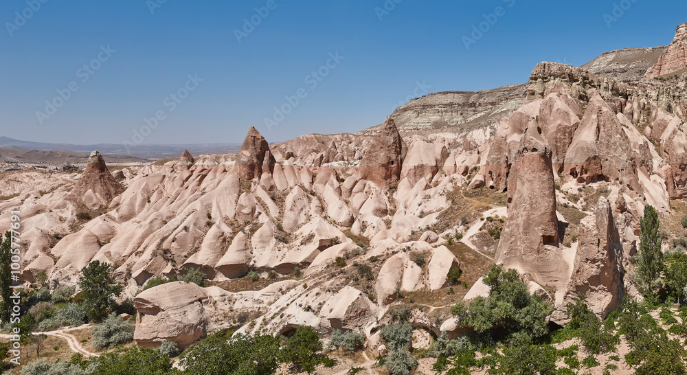 Panoramic rock formation in Cappadocia. Rose valley. Goreme, Turkey landmark Panoramic rock formation in Cappadocia. Rose valley. Goreme, Turkey landmark