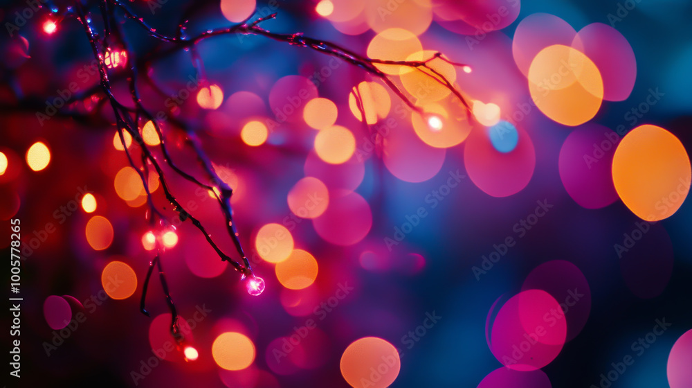 A tree branch with lights on it. The lights are in different colors and are scattered around the branch. The image has a festive and lively mood, as if it were a Christmas tree A tree branch with lights on it. The lights are in different colors and are scattered around the branch. The image has a festive and lively mood, as if it were a Christmas tree