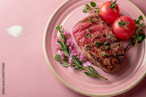 A decadent Mother\'s Day dinner featuring grilled steak, fresh tomatoes, and vibrant garnishes on a pink plate photo