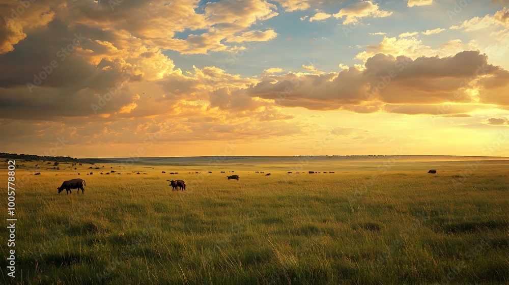 Vast open plains with grazing wildlife under a sky filled with fluffy clouds and warm golden sunlight creating an impressionist style pastoral landscape with a serene Vast open plains with grazing wildlife under a sky filled with fluffy clouds and warm golden sunlight creating an impressionist style pastoral landscape with a serene