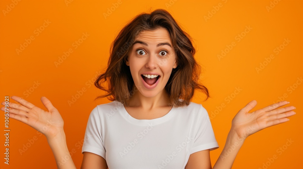 Woman with short hair and a white shirt is smiling and pointing her fingers in the air. The image has a happy and positive mood, conveying a sense of excitement or enthusiasm Woman with short hair and a white shirt is smiling and pointing her fingers in the air. The image has a happy and positive mood, conveying a sense of excitement or enthusiasm