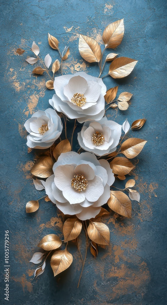 Fototapeta premium Elegant 3D paper art of simple floral wall decor with white flowers and golden leaves on textured background