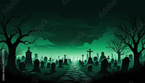 Horror scary cemetery at night with moon background