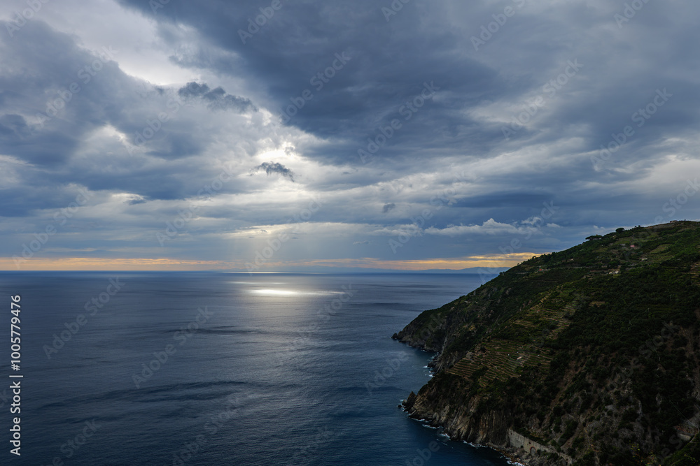 Fototapeta premium Incredible sunset over Ligurian Shore, Cinque Terre Manarola Italy