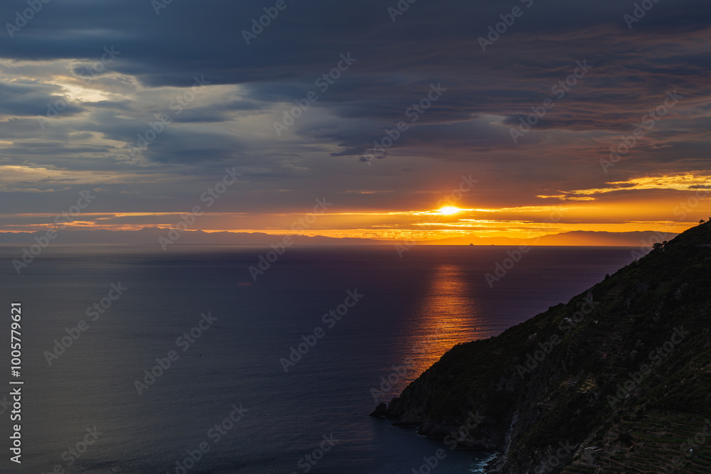 Fototapeta premium Incredible sunset over Ligurian Shore, Cinque Terre Manarola Italy