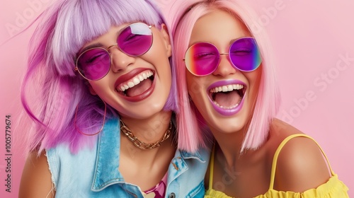 Two women with purple and pink hair are wearing sunglasses and smiling. They are both wearing yellow tops