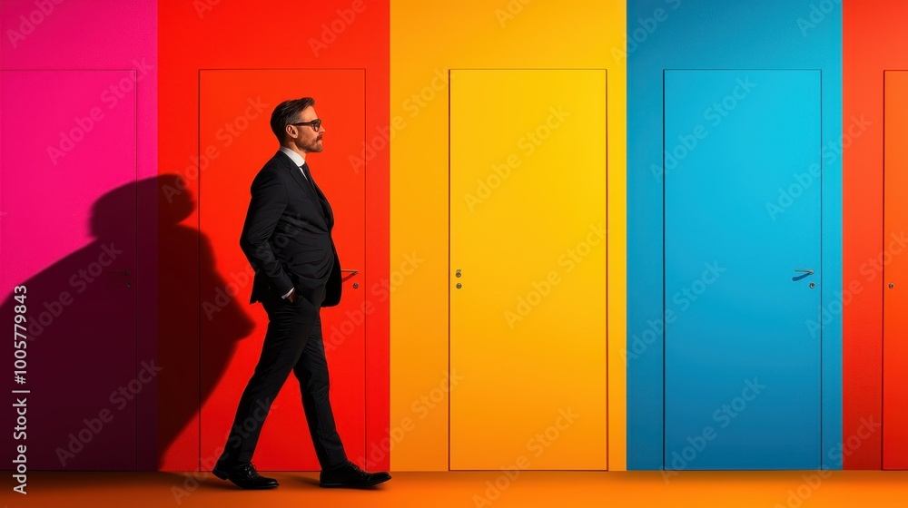 Fototapeta premium A businessman walks past colorful doors, symbolizing choices and opportunities, against a vibrant background.