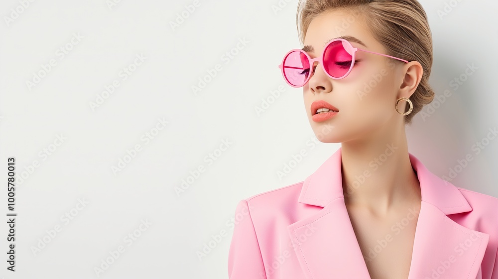 Woman in a pink suit and sunglasses is posing for a photo. Concept of confidence and style, as the woman is dressed in a fashionable outfit and is wearing sunglasses Woman in a pink suit and sunglasses is posing for a photo. Concept of confidence and style, as the woman is dressed in a fashionable outfit and is wearing sunglasses