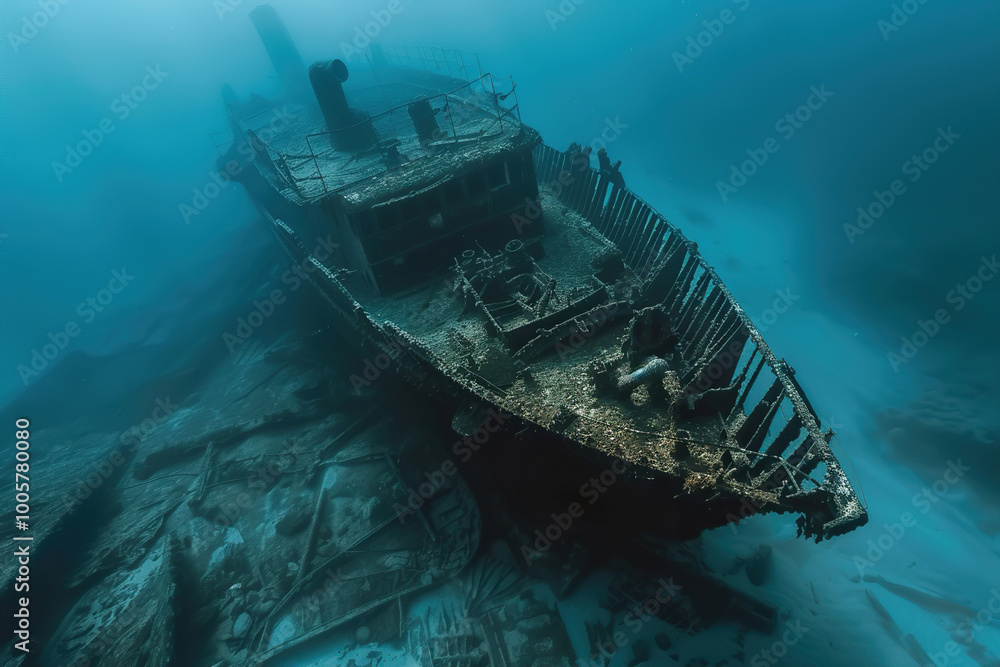 Underwater view of an sunken ship on seabed with fish swimming around Underwater view of an sunken ship on seabed with fish swimming around