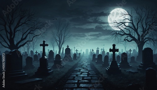 Wallpaper Mural Horror scary cemetery at night with moon background Torontodigital.ca