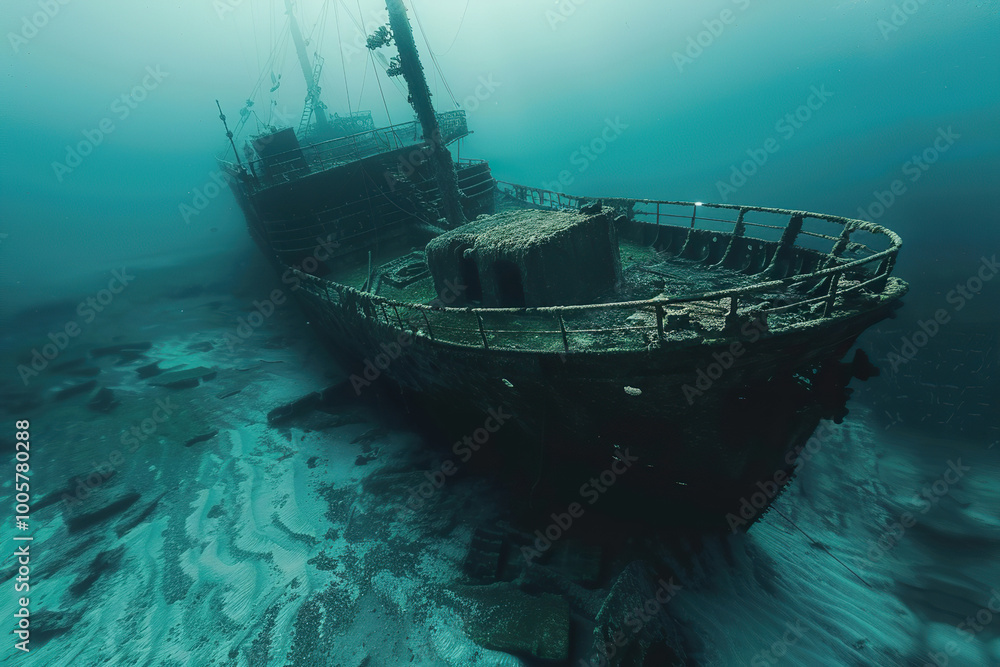 Underwater view of an sunken ship on seabed with fish swimming around