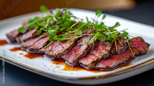 Sun-dried Wagyu slices, beautifully arranged on a white porcelain plate with gold trim, garnished with microgreens and a drizzle of soy reduction, served in a luxurious fine dining setting