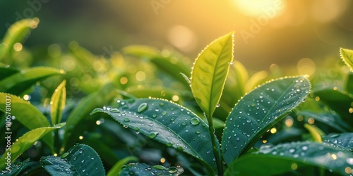 Close-up of vibrant green tea leaves with dew drops, illuminated by warm sunlight. photo