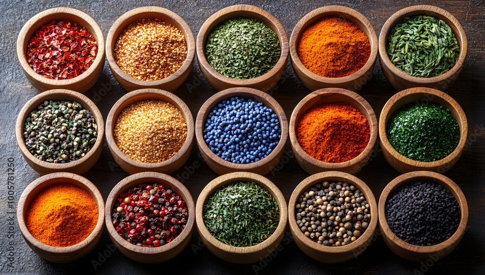 Colorful spices in wooden bowls arranged neatly
Colorful spices in wooden bowls arranged neatly
