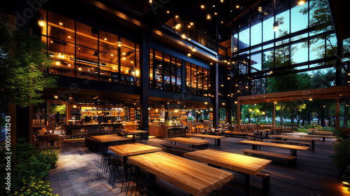 modern restaurant interior featuring large windows, wooden tables, and warm lighting creates welcoming atmosphere. open space is perfect for dining and socializing