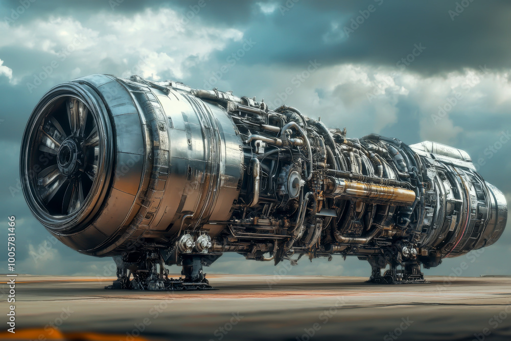 A large, futuristic looking jet engine with many parts. The engine is on a runway and is surrounded by a cloudy sky. Scene is futuristic and technological A large, futuristic looking jet engine with many parts. The engine is on a runway and is surrounded by a cloudy sky. Scene is futuristic and technological