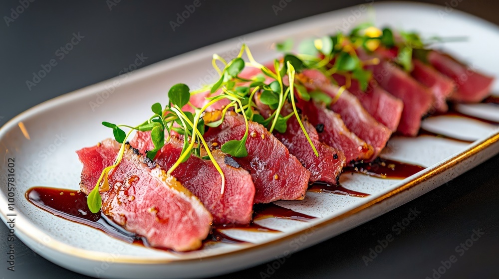 Sun-dried Wagyu slices, beautifully arranged on a white porcelain plate with gold trim, garnished with microgreens and a drizzle of soy reduction, served in a luxurious fine dining setting Sun-dried Wagyu slices, beautifully arranged on a white porcelain plate with gold trim, garnished with microgreens and a drizzle of soy reduction, served in a luxurious fine dining setting
