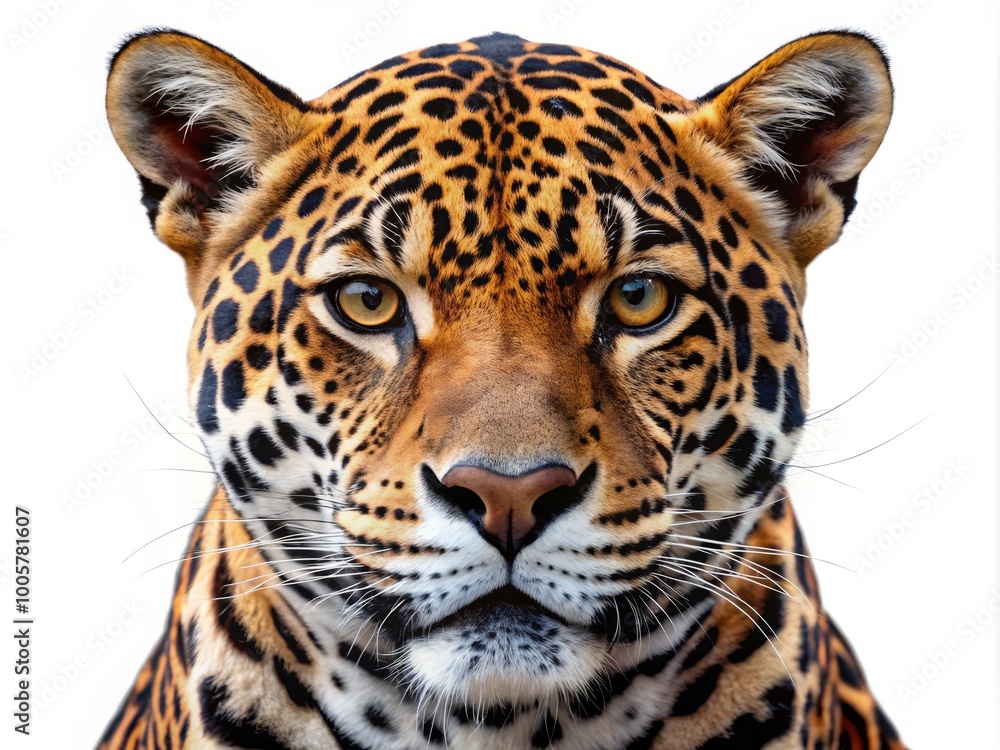 Obraz premium Isolated on a white background, the stunning jaguar head embodies the fierce beauty of nature, exuding strength and