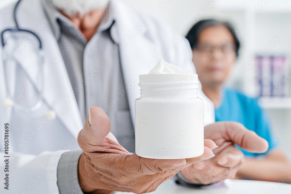 Smiling pharmacist holding a pill bottle in a modern clinic setting. Smiling pharmacist holding a pill bottle in a modern clinic setting.