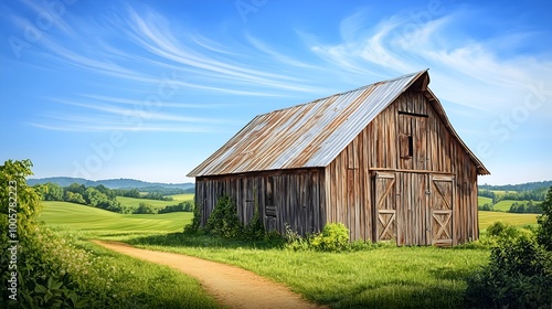 Rustic weathered wooden barn set against a tranquil pastoral backdrop of lush green fields rolling hills and a clear blue sky with wispy clouds capturing the essence of Americana countryside