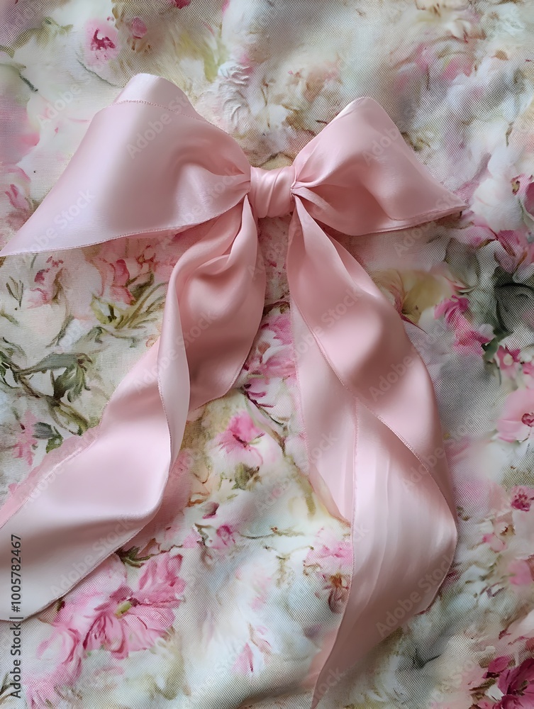 Delicate pink ribbon soft textured fabric elegant floral accents satin bow and feminine aesthetic in an impressionist painting technique with a garden setting Delicate pink ribbon soft textured fabric elegant floral accents satin bow and feminine aesthetic in an impressionist painting technique with a garden setting