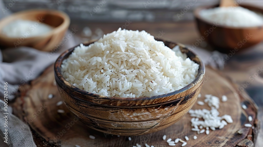Closeup of White Rice in a Wooden Bowl Closeup of White Rice in a Wooden Bowl