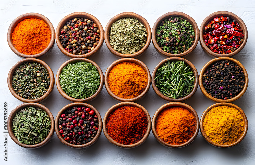 Colorful spices in wooden bowls arranged neatly
Colorful spices in wooden bowls arranged neatly