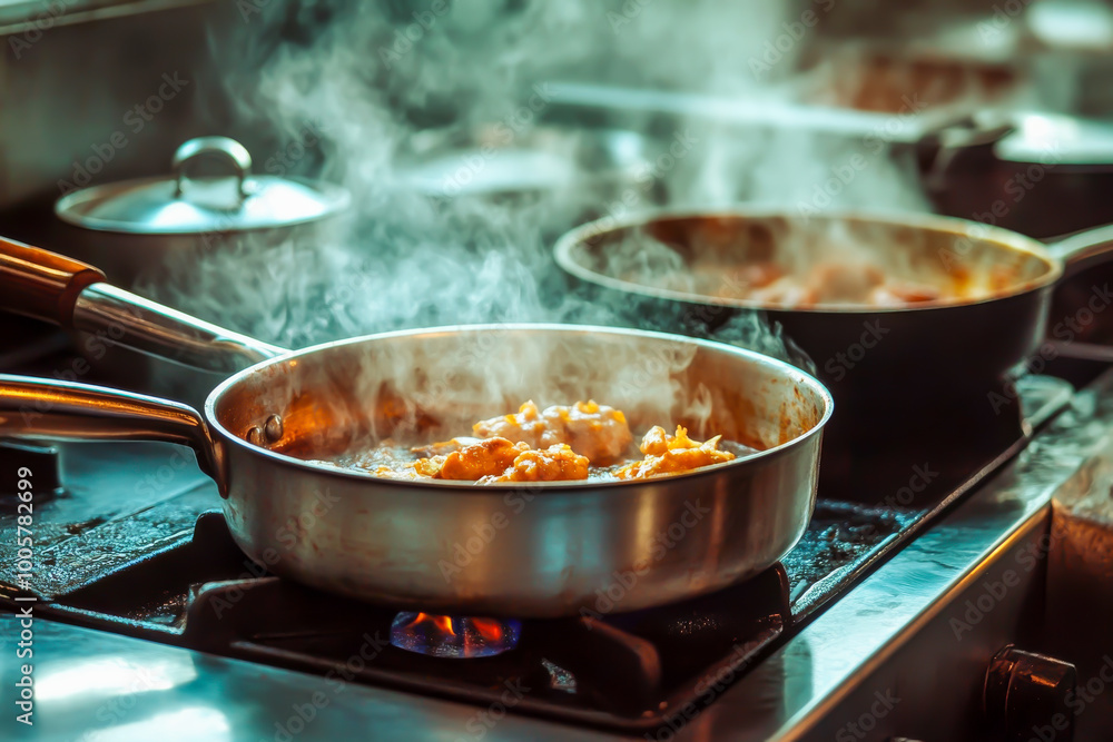 A chef is cooking food in a pan on a stove. The pan is filled with food and has steam coming out of it. The chef is using a wooden spatula to stir the food. Scene is busy and focused A chef is cooking food in a pan on a stove. The pan is filled with food and has steam coming out of it. The chef is using a wooden spatula to stir the food. Scene is busy and focused