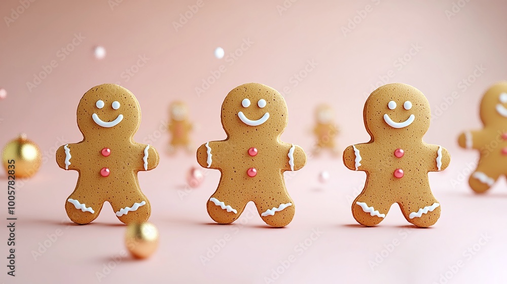 a group of gingerbread men are standing in front of a pink background. a group of gingerbread men are standing in front of a pink background.