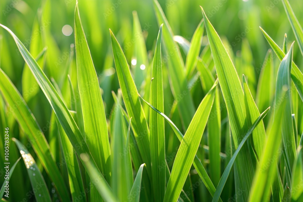 Sunlit green grass blades in field close-up Sunlit green grass blades in field close-up