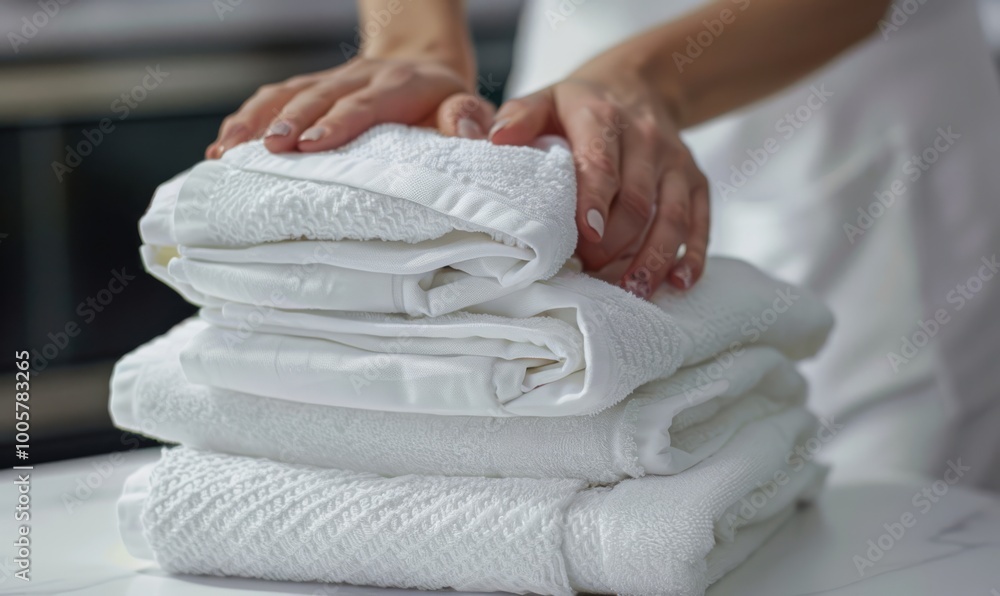 Fototapeta premium Maid folding white towels, housekeeping