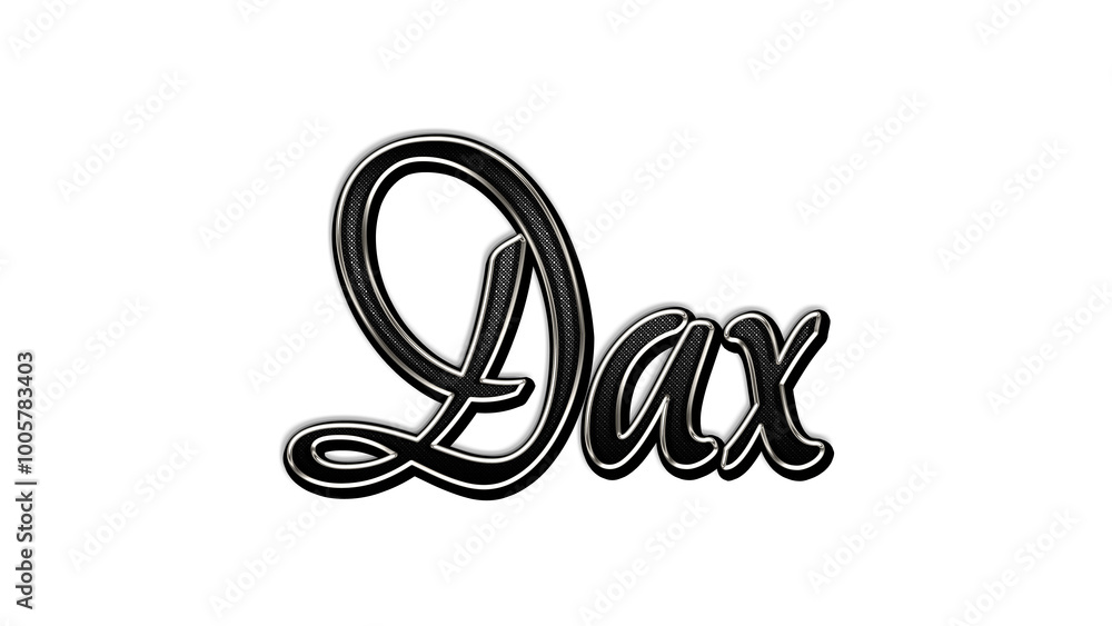 black metal 3d design of name Dax on white background.