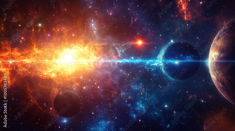 stunning cosmic scene featuring vibrant colors and celestial bodies, showcasing bright star, swirling gases, and distant planets in vast universe stunning cosmic scene featuring vibrant colors and celestial bodies, showcasing bright star, swirling gases, and distant planets in vast universe