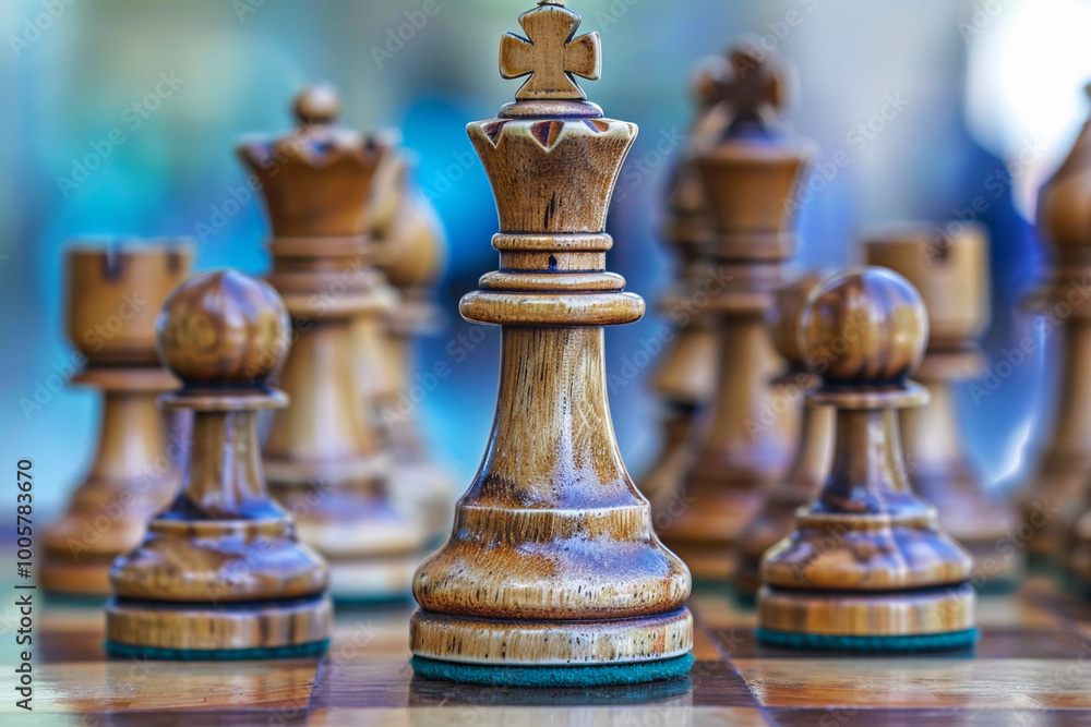Beautiful chess piece standing on checkered game board during strategic game of chess Beautiful chess piece standing on checkered game board during strategic game of chess