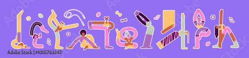 Abstract people training set. Women stretching, practice asanas. Girls are in different yoga poses. Happy characters do sport exercises during fitness workout. Flat isolated vector illustrations