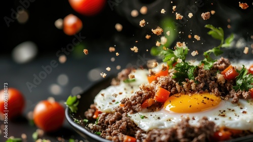 Close-up of fried eggs with beef mince, crumbs, peppers, and tomatoes falling dynamically in the air