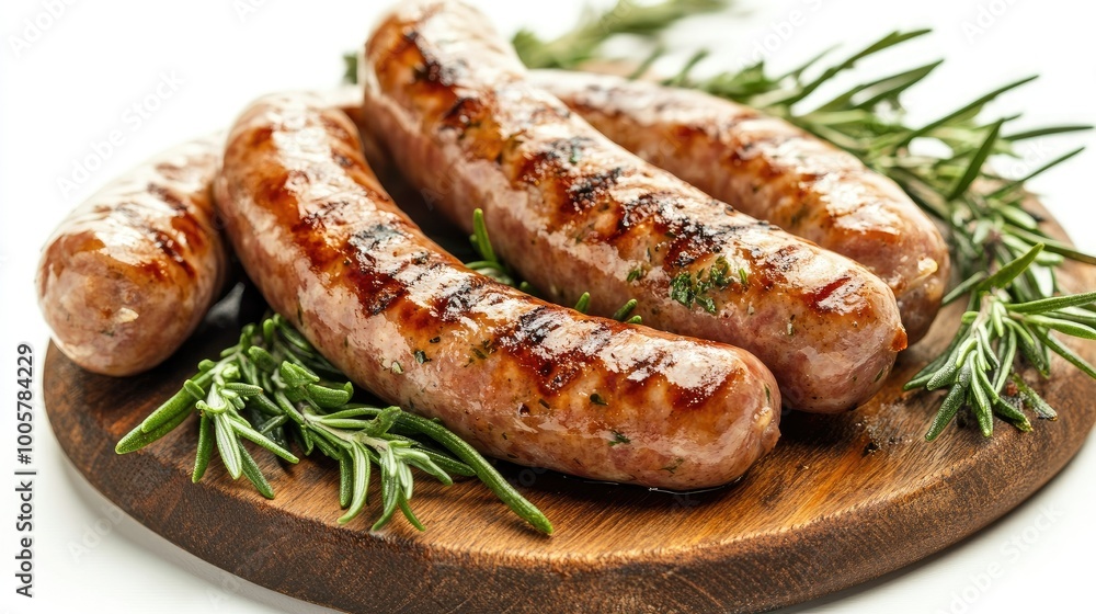 Close-up of grilled pork sausages with rosemary and herbs on a rustic board, isolated on a white background Close-up of grilled pork sausages with rosemary and herbs on a rustic board, isolated on a white background