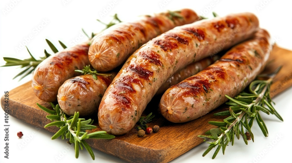 Close-up of grilled pork sausages with rosemary and herbs on a rustic board, isolated on a white background Close-up of grilled pork sausages with rosemary and herbs on a rustic board, isolated on a white background