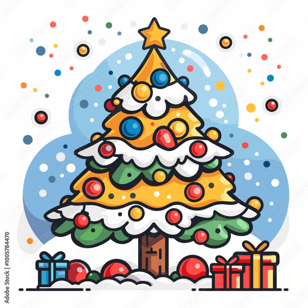 Christmas tree with gift boxes. Merry Christmas and Happy New Year greeting card.