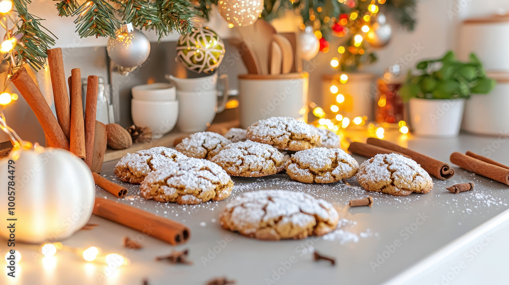 Festive homemade cookies dusted with powdered sugar, surrounded by cinnamon sticks, twinkling lights, and holiday decorations Festive homemade cookies dusted with powdered sugar, surrounded by cinnamon sticks, twinkling lights, and holiday decorations